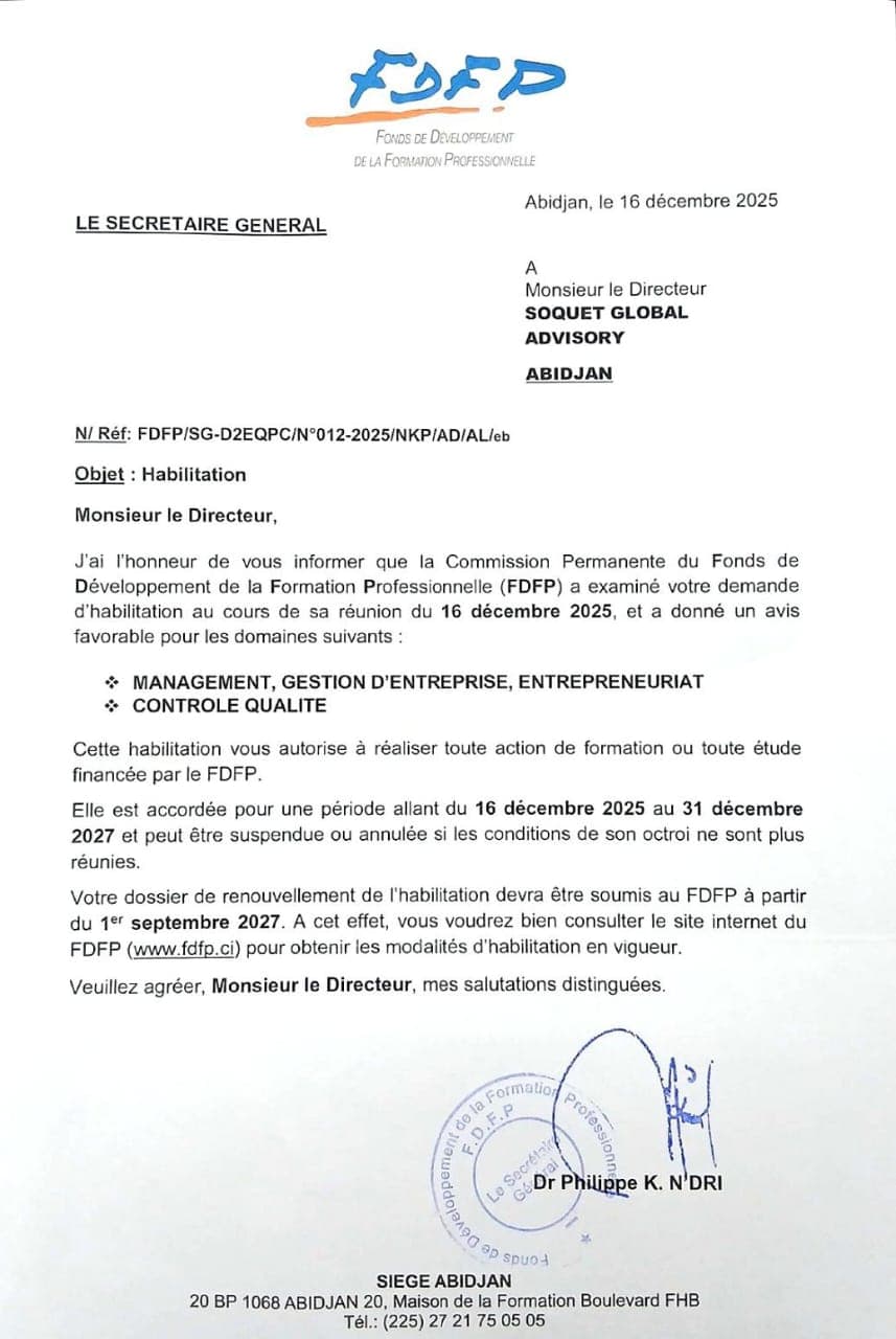Lettre d'habilitation du Fonds de Développement de la Formation Professionnelle (FDFP) accordée à SGA