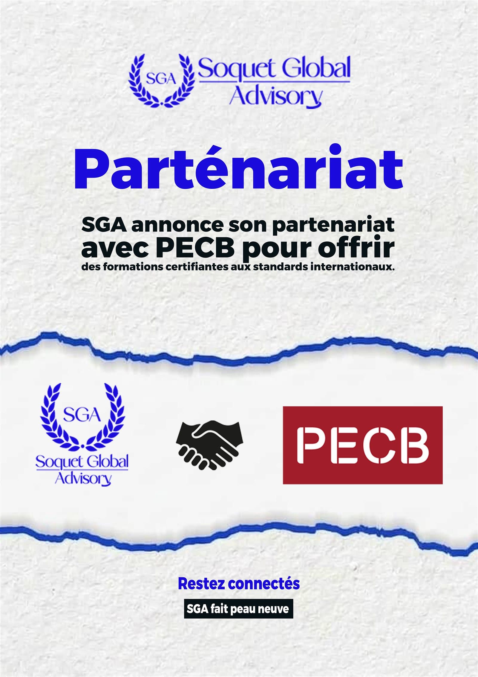Affiche annonçant le partenariat entre SGA et PECB pour des formations certifiantes