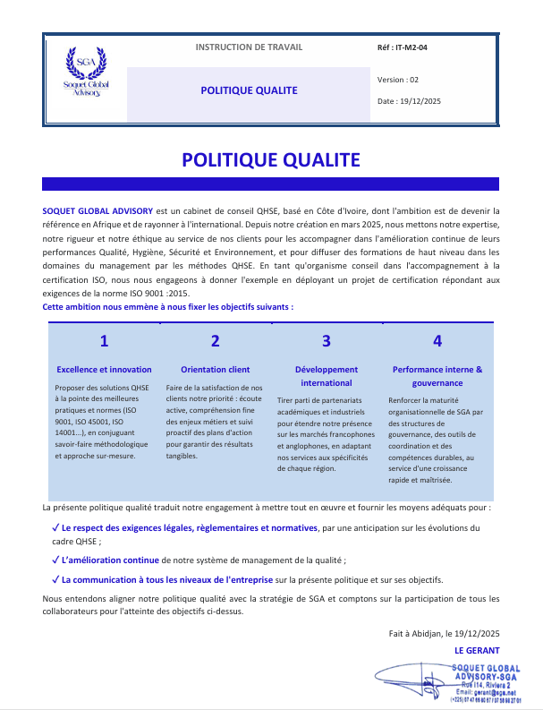 Politique Qualité de SGA – Soquet Global Advisory